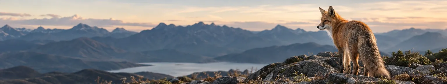A red fox standing on a rocky ridge, looking out over mountains at sunset